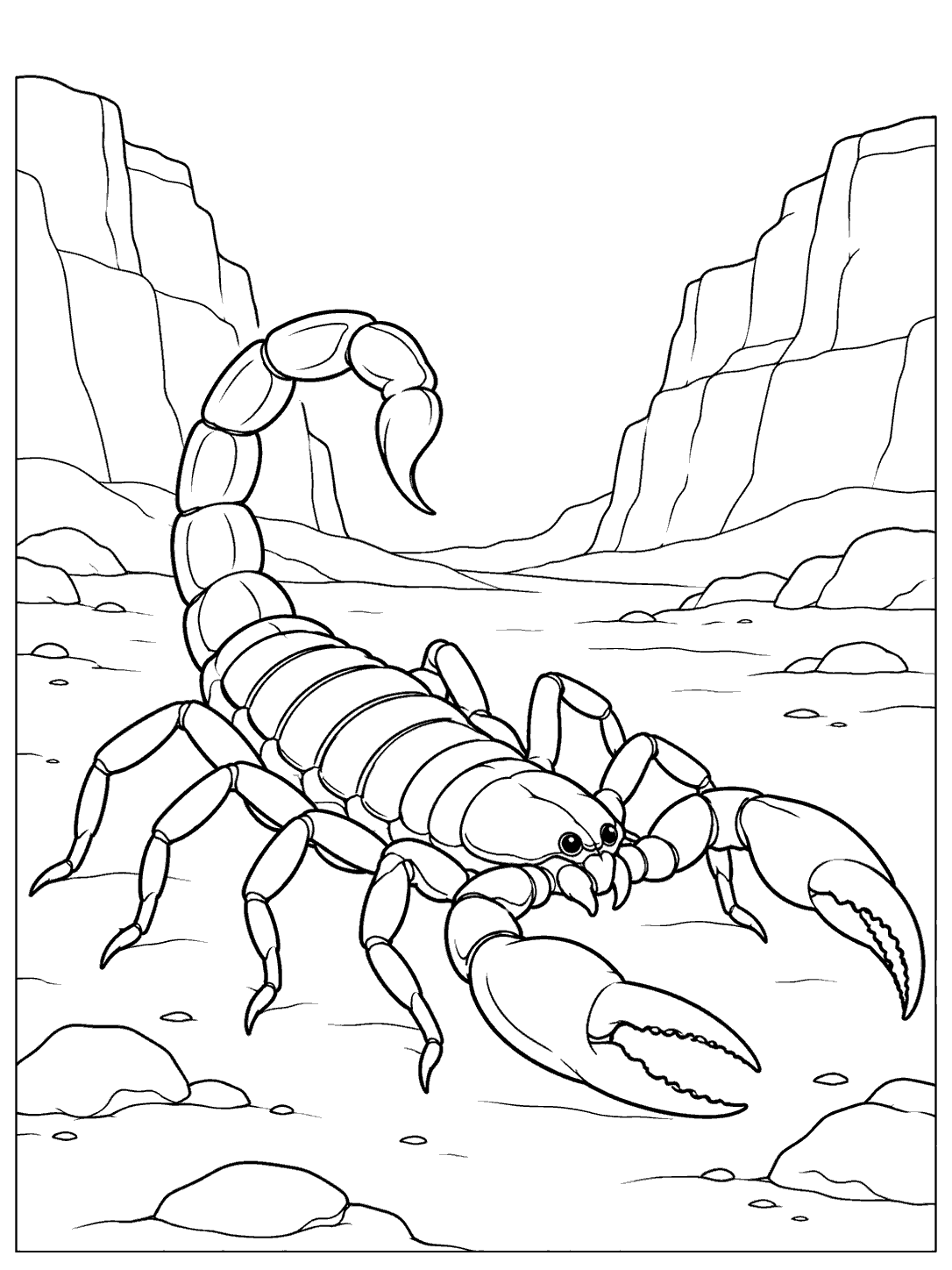Black and white scorpion coloring page showing a large scorpion with an arched tail crossing a canyon floor between rock walls.