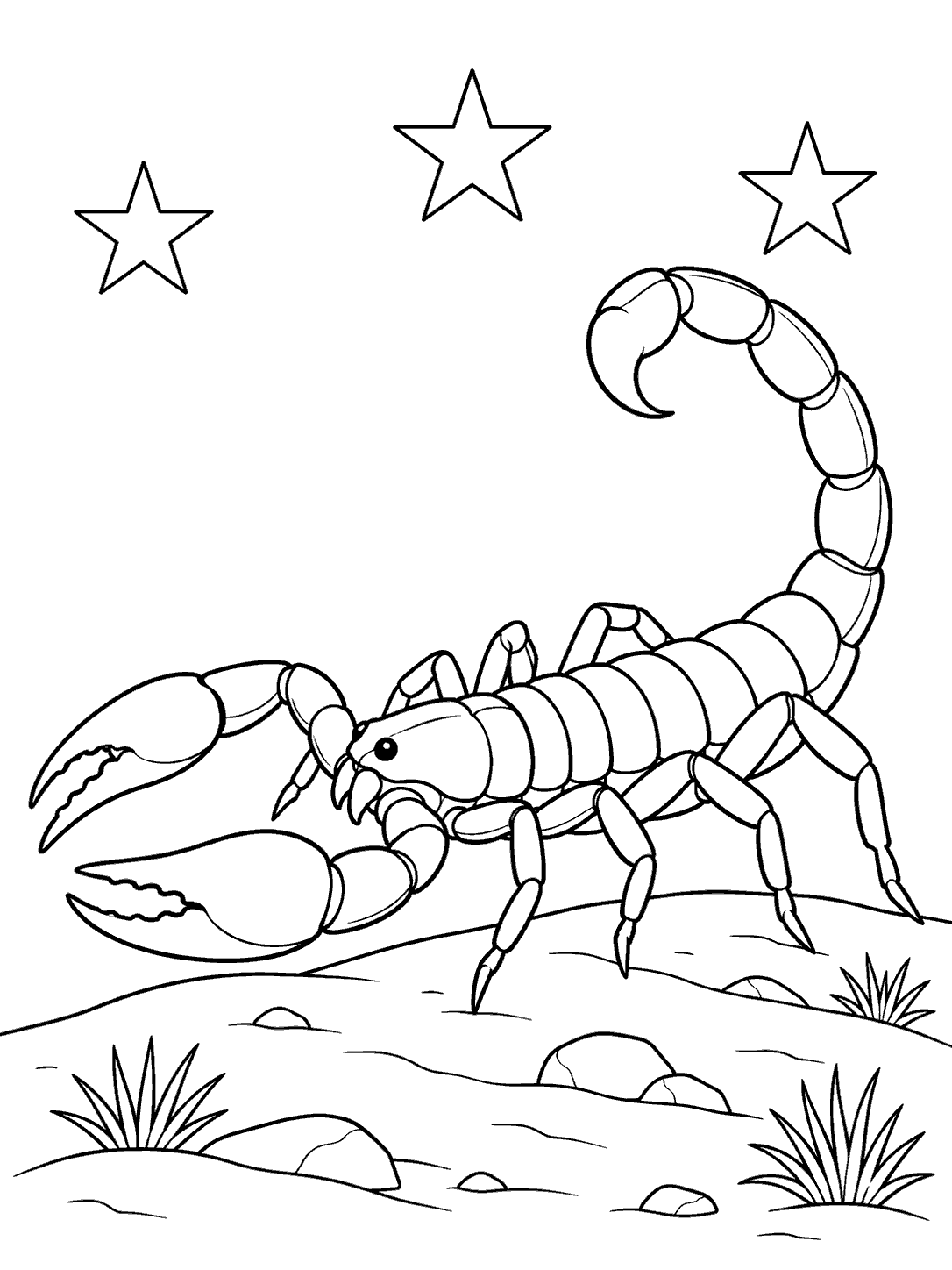 Scorpion with pincers, segmented body, eight legs, and arched stinger on a desert ridge under three stars, coloring page.