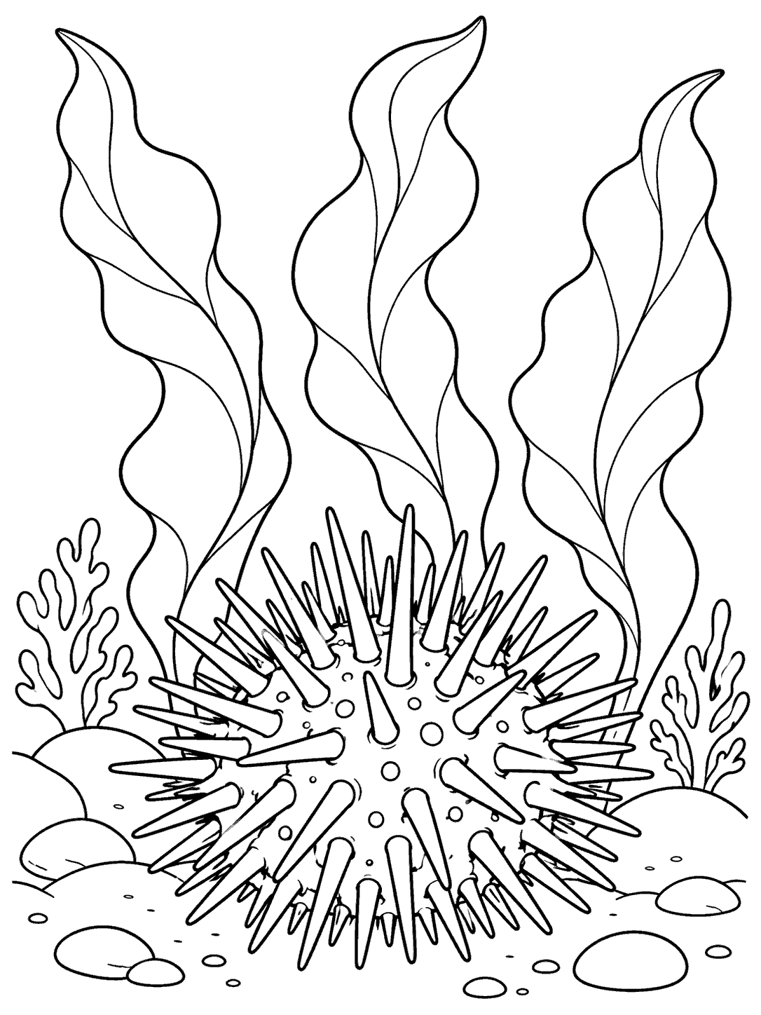 Sea urchin coloring page beneath kelp fronds