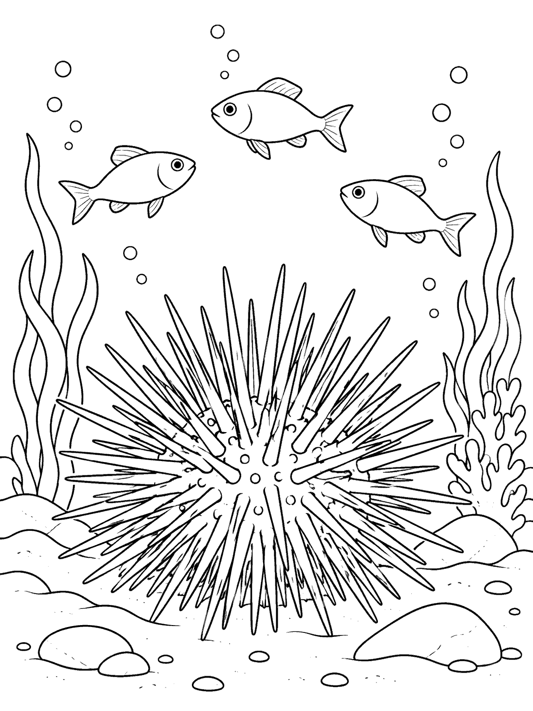 Black and white coloring page showing a large spiny sea urchin on the seabed, three fish above it, seaweed, bubbles, and rocks.