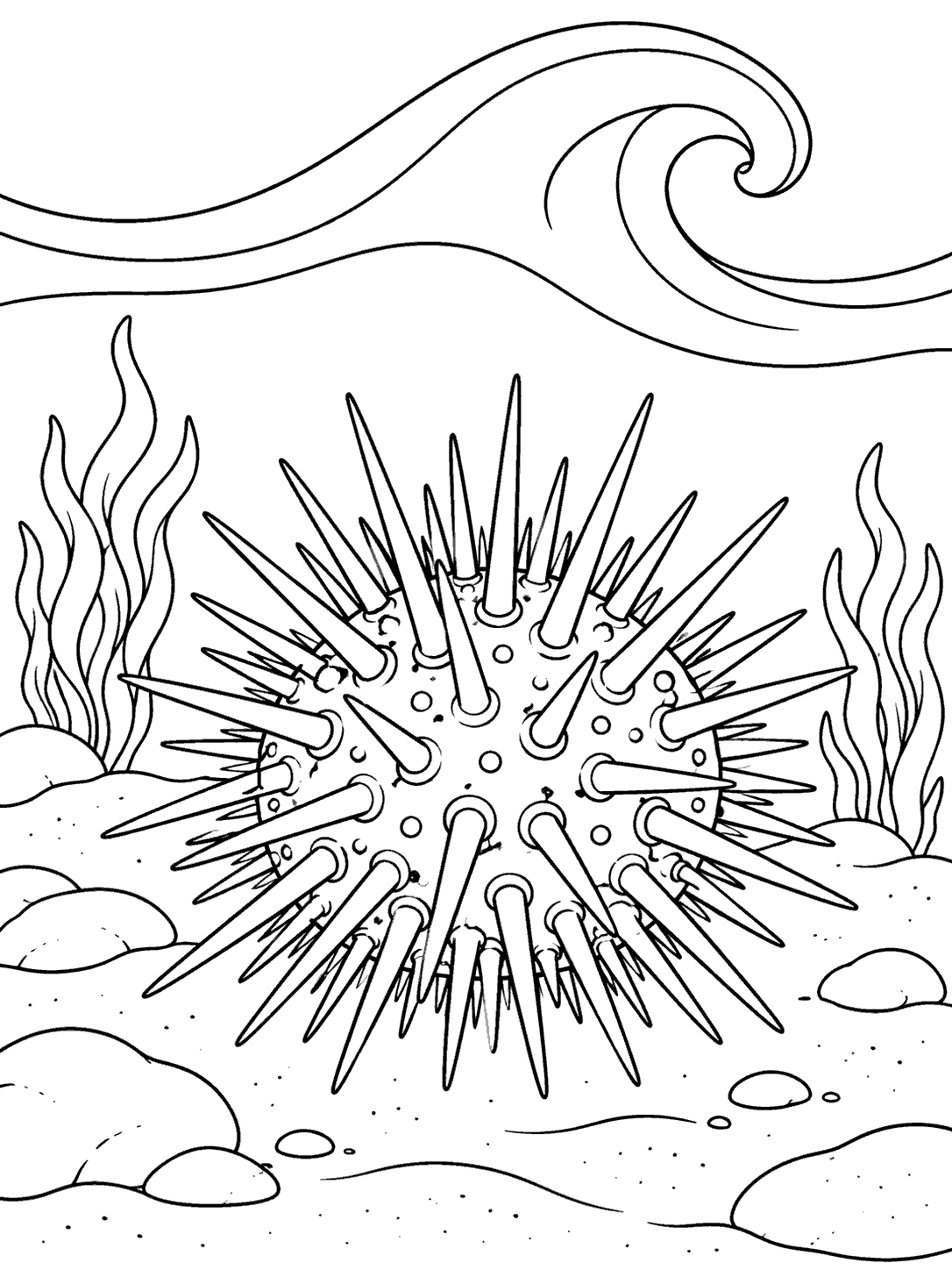 Sea urchin with long spines beneath a curling wave, surrounded by seaweed and rocks in a black-and-white coloring page.