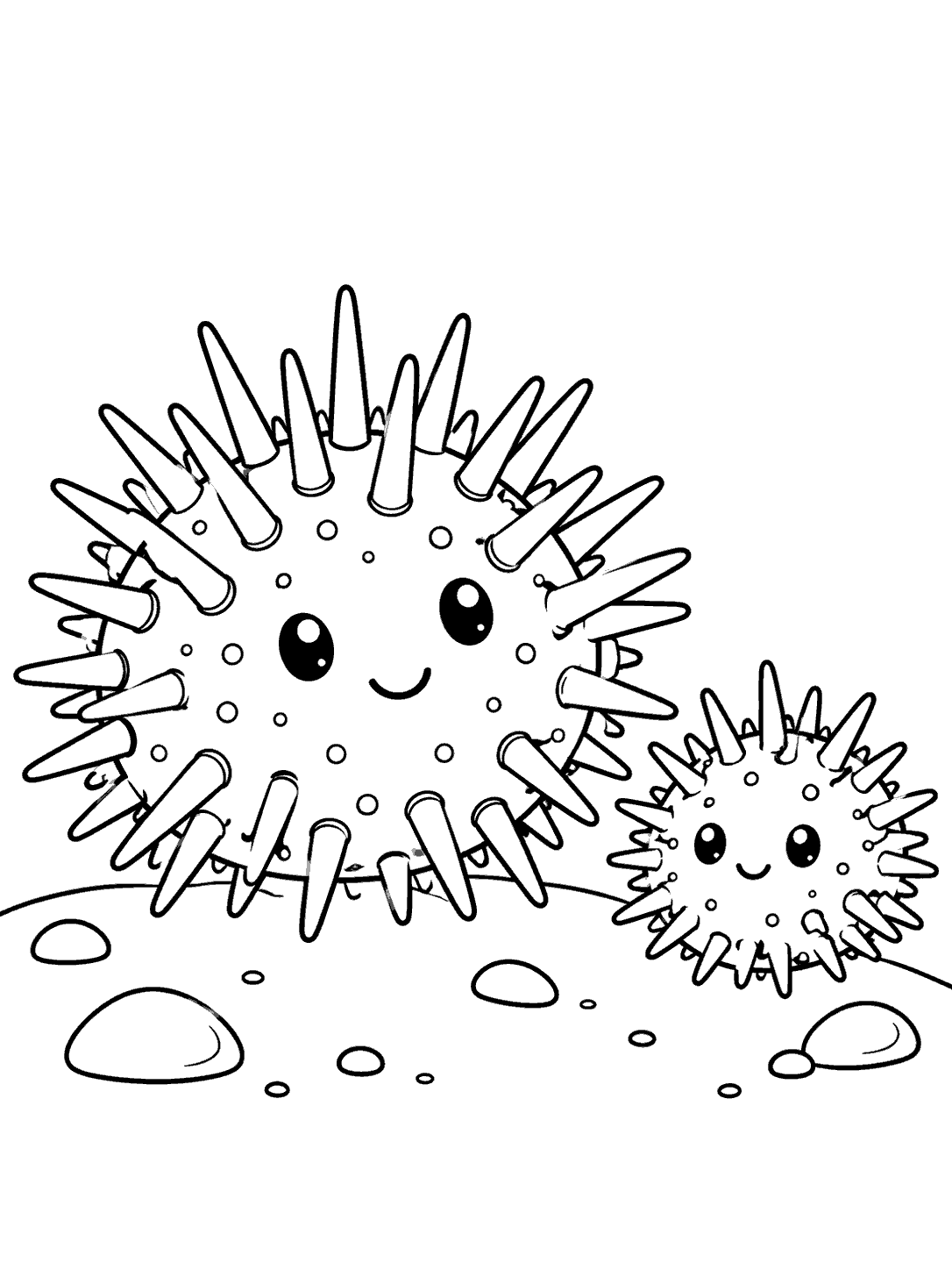 A large smiling sea urchin with short spines beside a smaller juvenile urchin, above a curved seabed with a few stones.