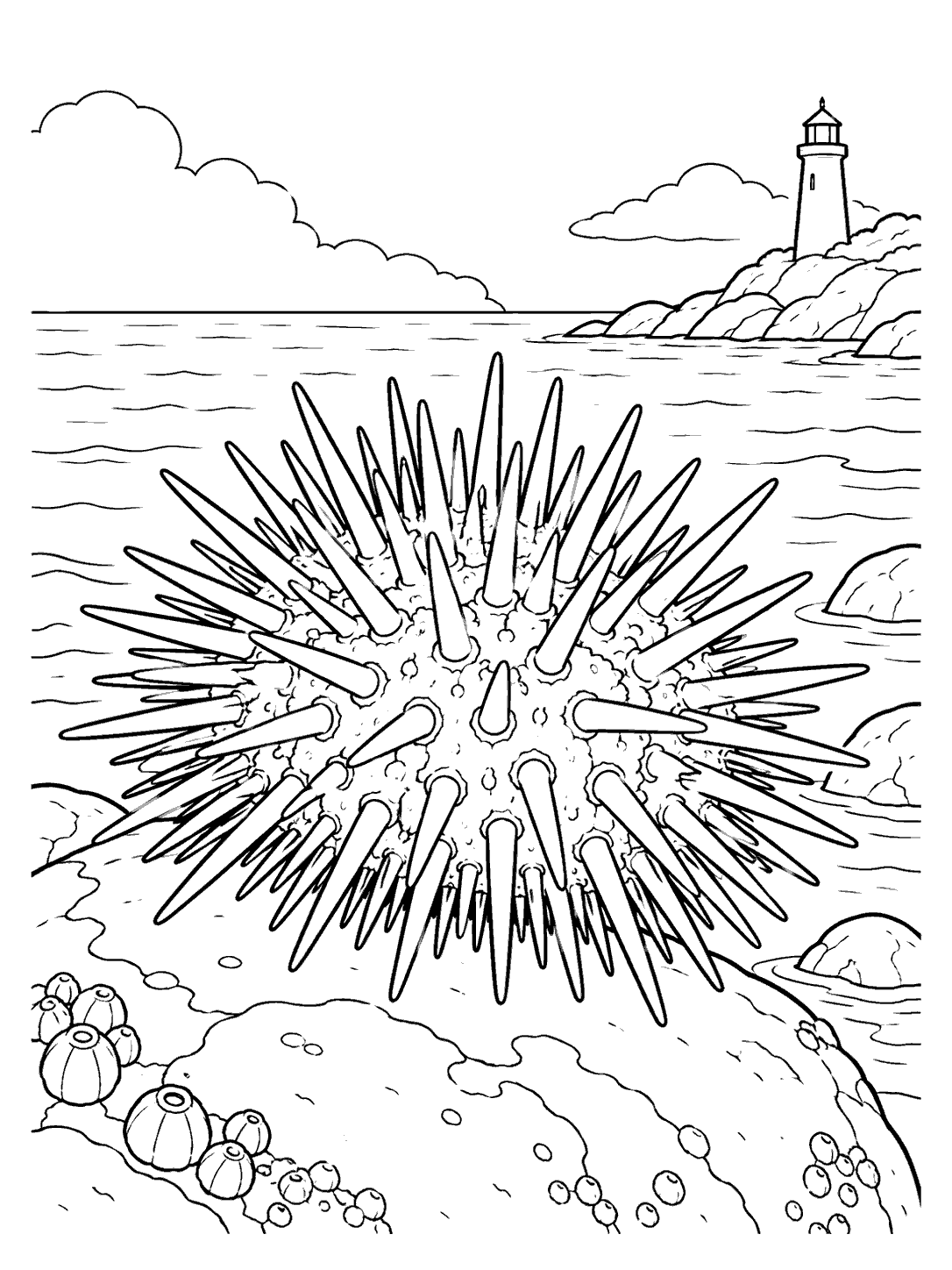 Black-and-white sea urchin with long spines on a broad rock, with the sea and a distant lighthouse behind it.