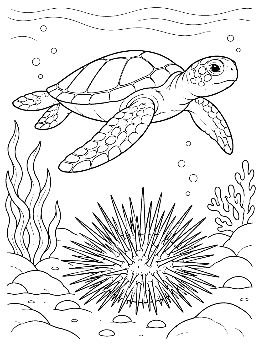 Black-and-white coloring page showing a sea turtle swimming above a sea urchin on the seabed, with seaweed and rocks.