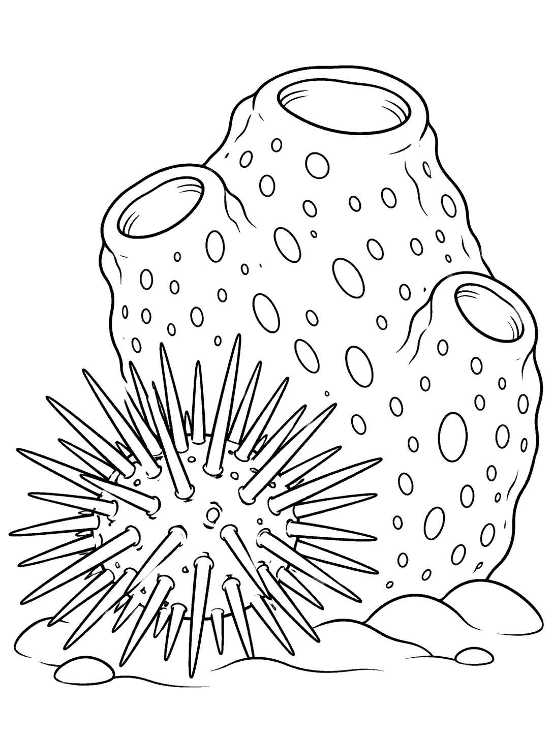 Sea urchin with distinct radiating spines beside a large porous sea sponge coloring page