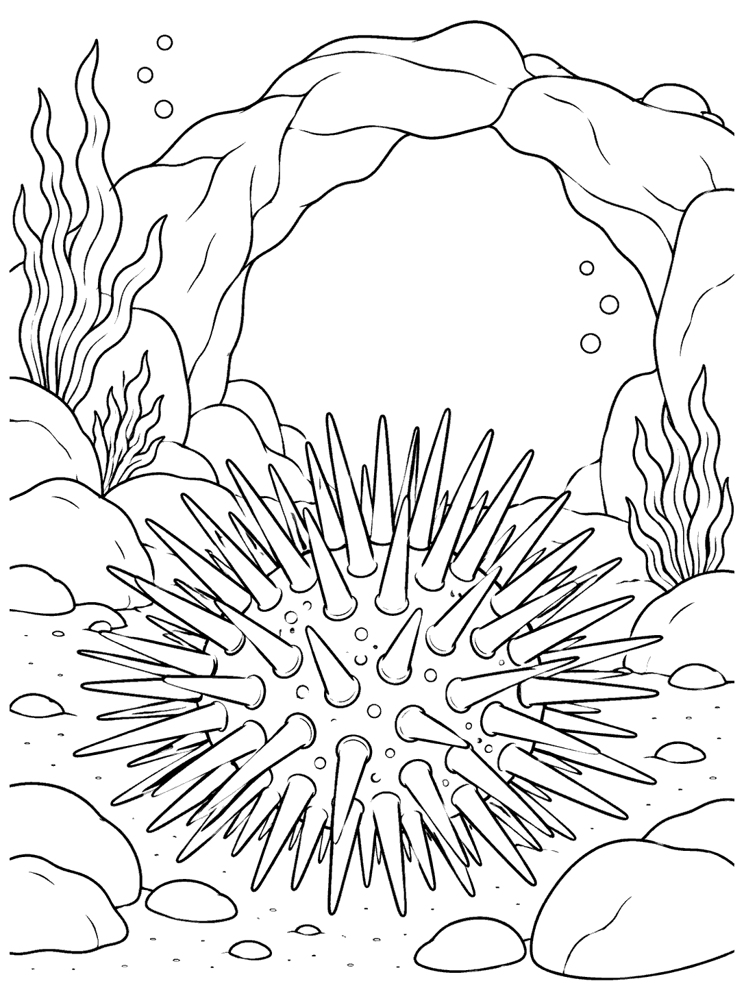 Black and white sea urchin coloring page with a broad cave opening, rocks, bubbles, and seaweed