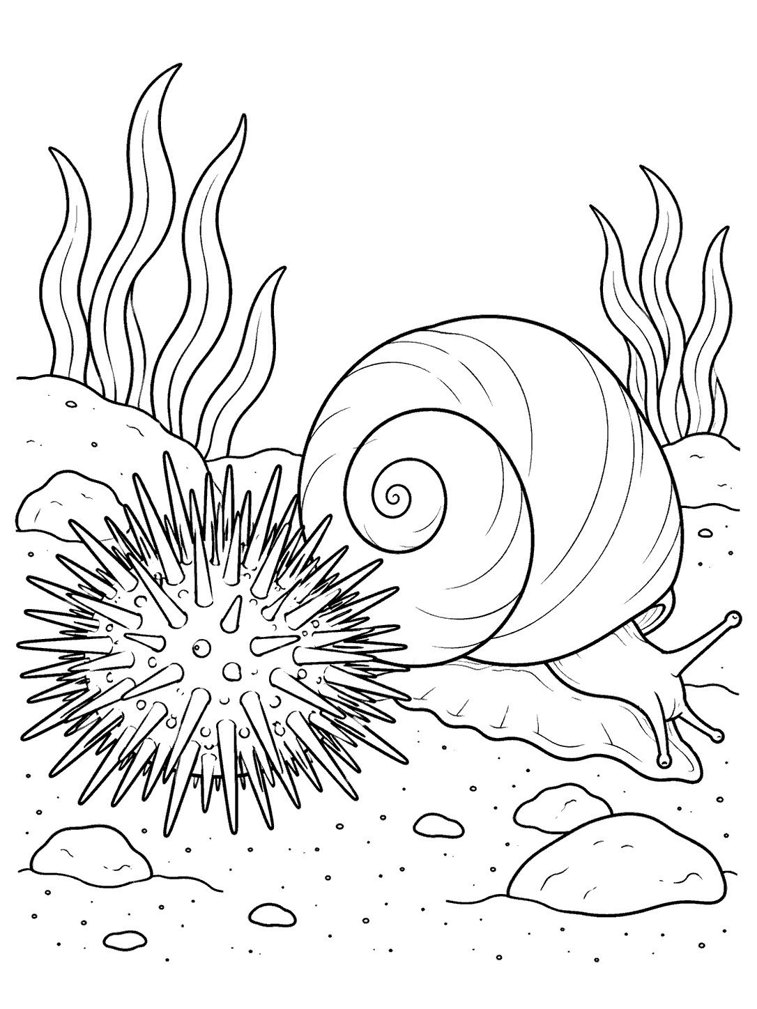 Printable sea urchin and moon snail coloring page with tall seaweed and scattered rocks
