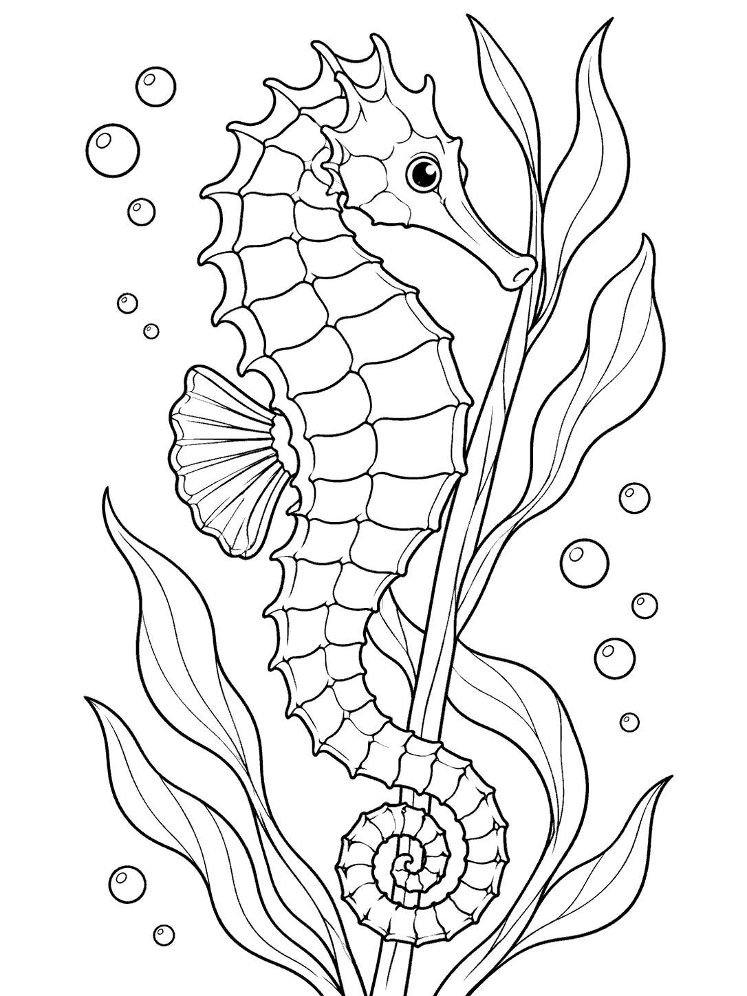 Black line art of a seahorse curled around seaweed with bubbles, designed as a coloring page.