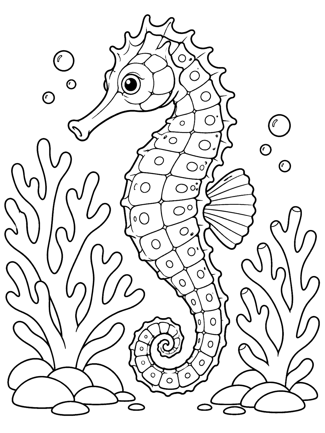 Patterned seahorse with a curled tail beside branching coral formations and bubbles, in black-and-white coloring-page line art.
