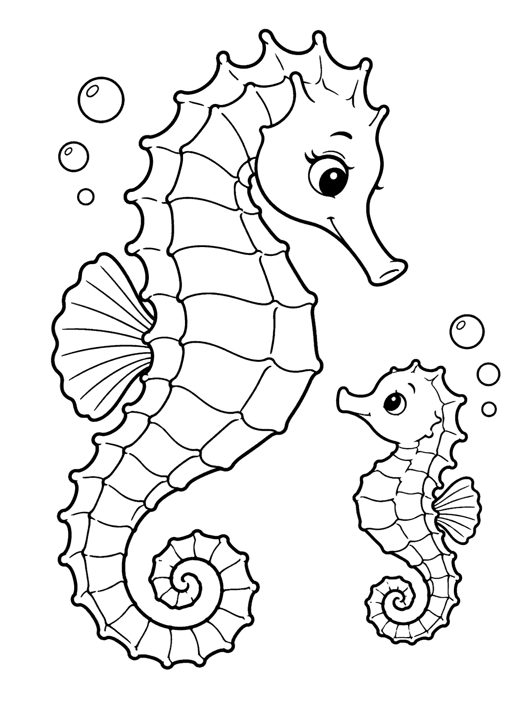 Black outline coloring page showing a large adult seahorse and a smaller baby seahorse swimming side by side among bubbles.