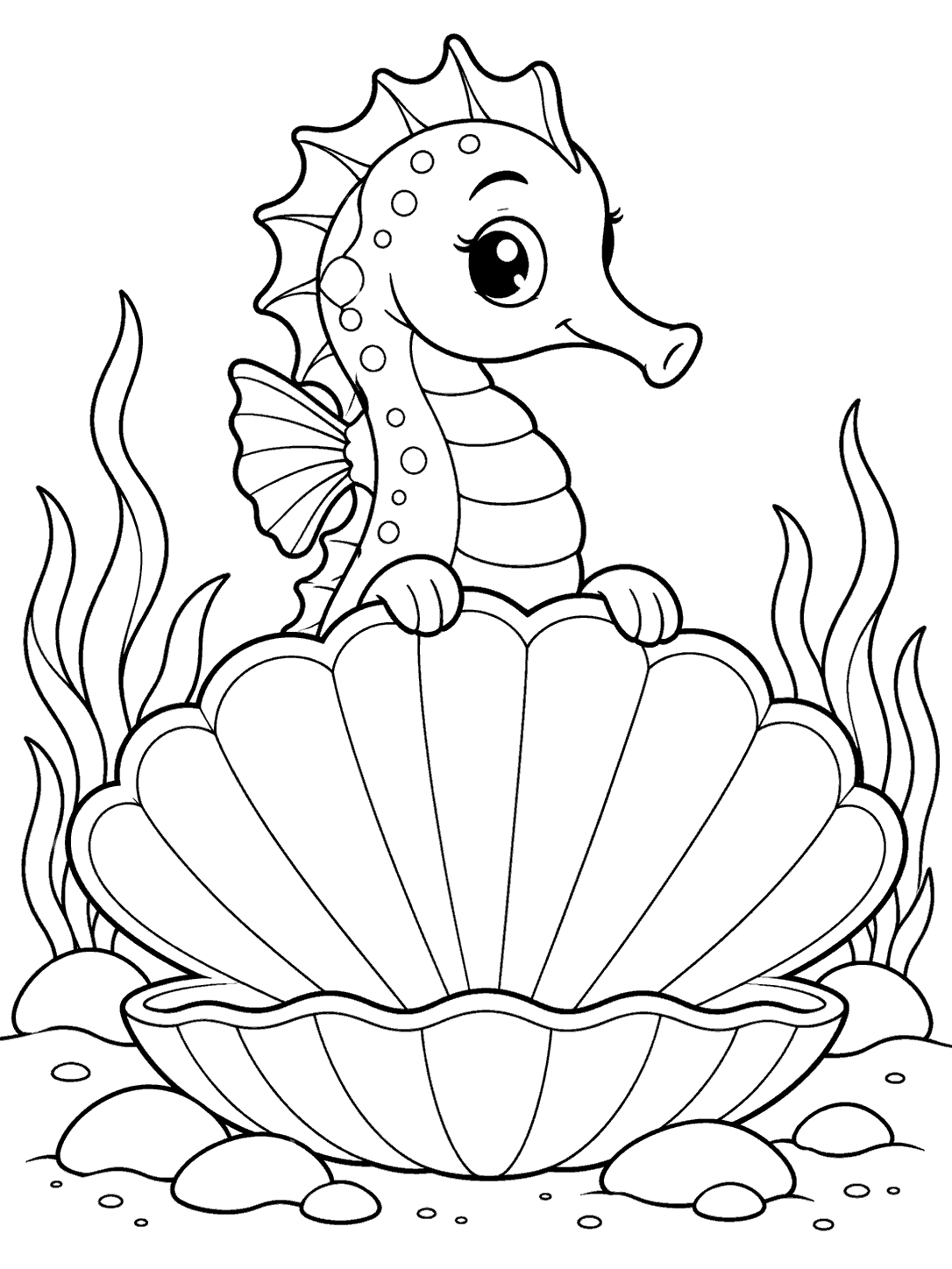Black-and-white seahorse coloring page showing a smiling seahorse peeking over a large open scallop shell, with sea plants and pebbles around it.