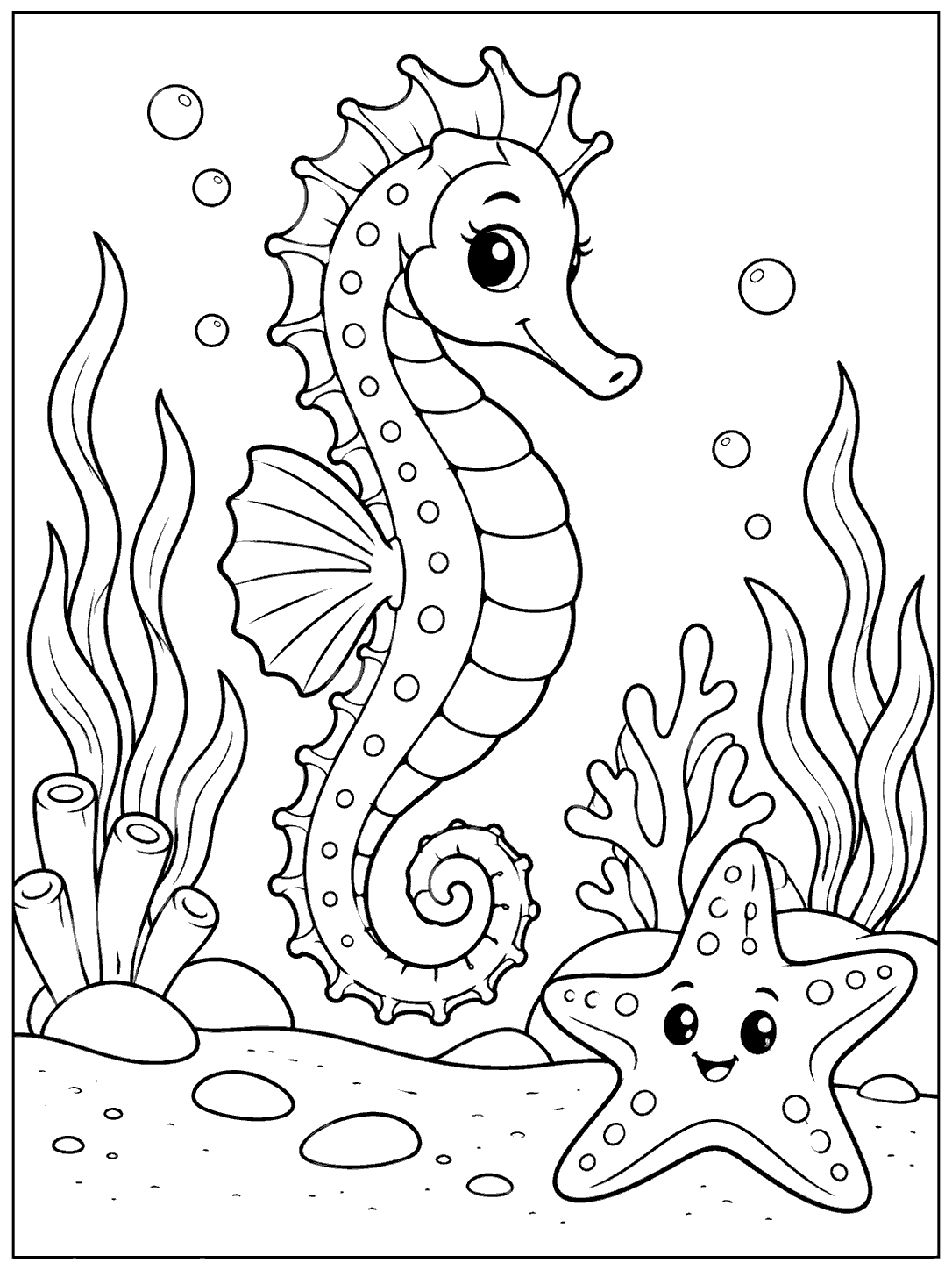 Black-outline coloring page showing a tall seahorse above a smiling five-armed starfish, with seaweed, bubbles, and shells.