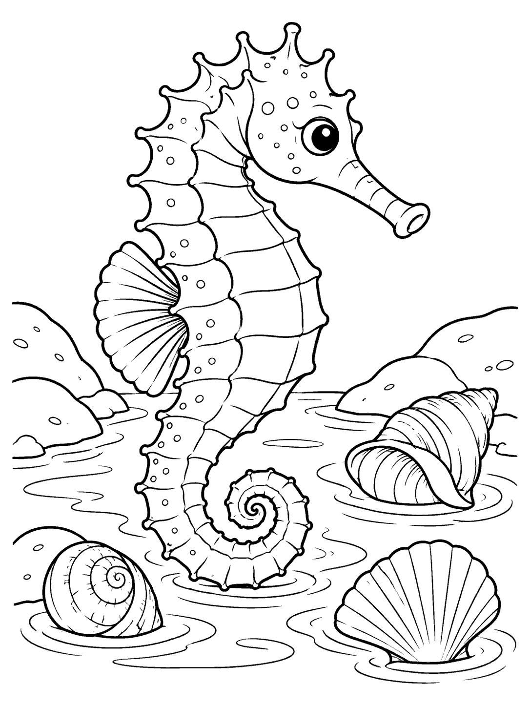Seahorse in a shell-filled tide pool coloring page