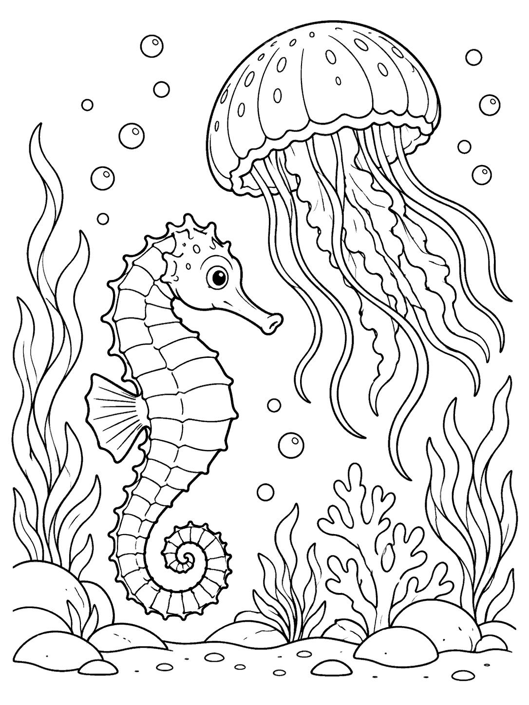Seahorse beneath jellyfish coloring page