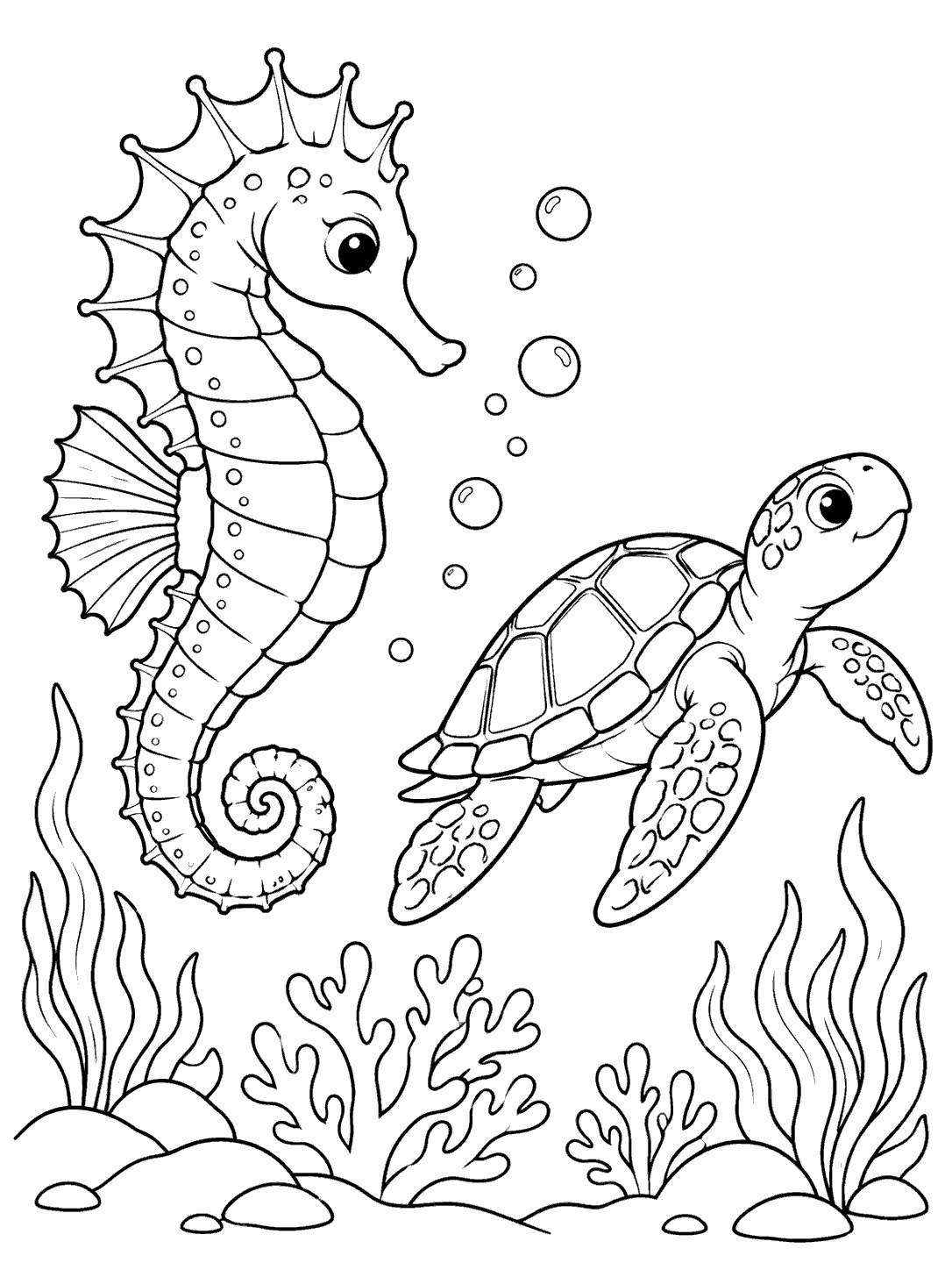 Portrait coloring page showing a large seahorse and a small patterned-shell sea turtle swimming toward each other above coral, with bubbles between them.