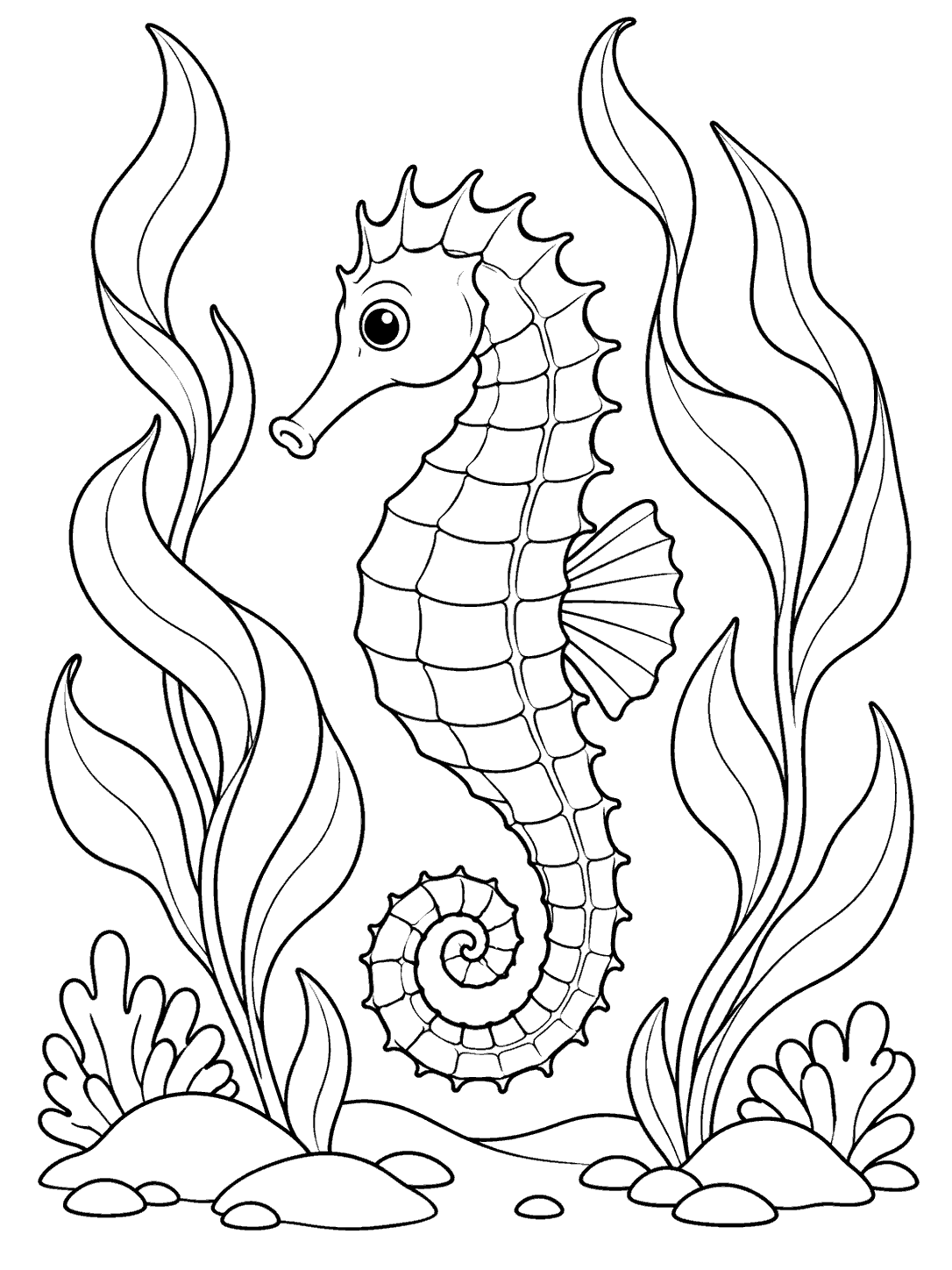 Seahorse centered among curving kelp fronds in a black-and-white coloring page