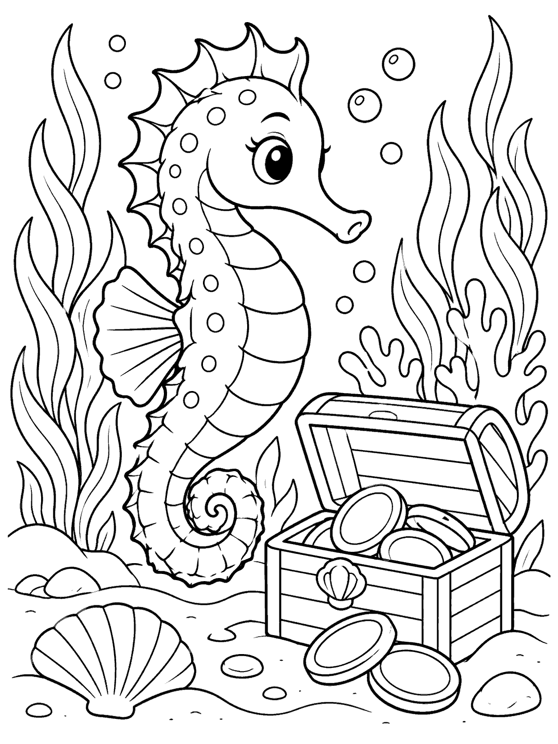 Portrait black-and-white coloring page showing a seahorse beside an open treasure chest with coins, seaweed, shells, and bubbles.
