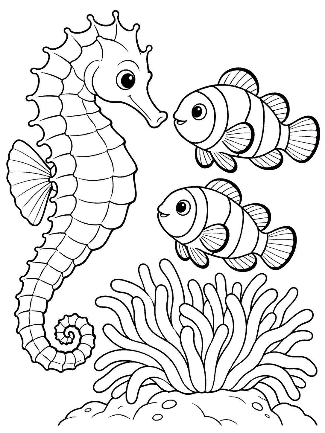 Black-outline coloring page showing one seahorse, two striped clownfish, and a sea anemone.