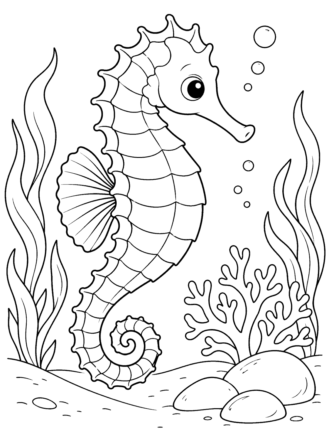 Black outline coloring page of a large seahorse above a sloping seabed, with three stones, coral, seaweed, and bubbles.