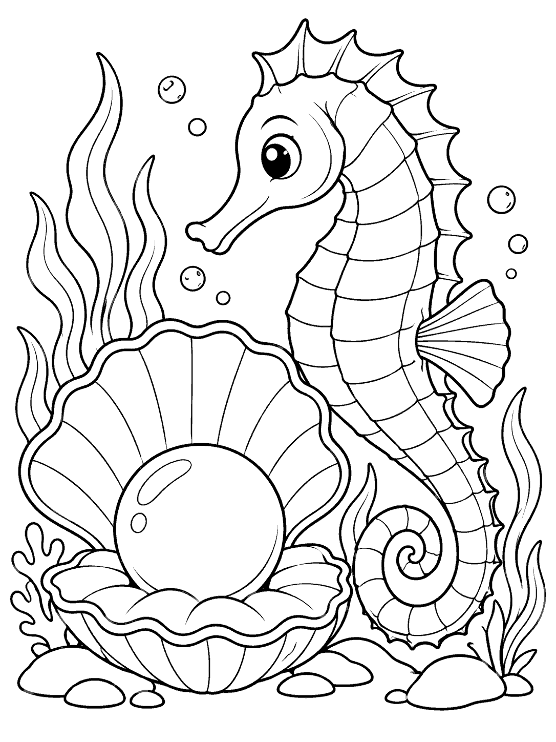 Seahorse, pearl, and open oyster shell coloring page with seaweed and bubbles