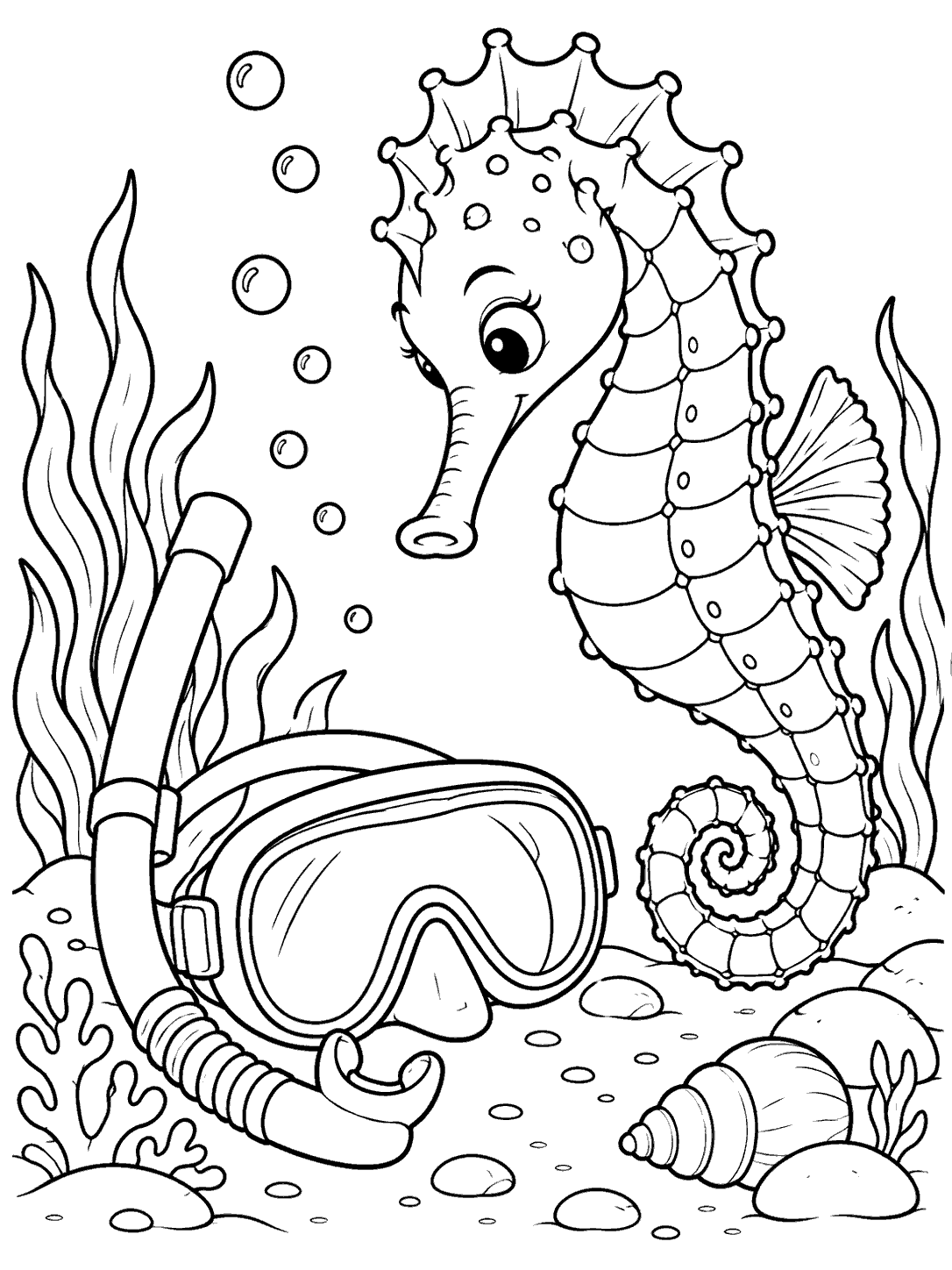 Portrait coloring page showing a seahorse beside a diving mask and snorkel, with bubbles, sea plants, and shells.