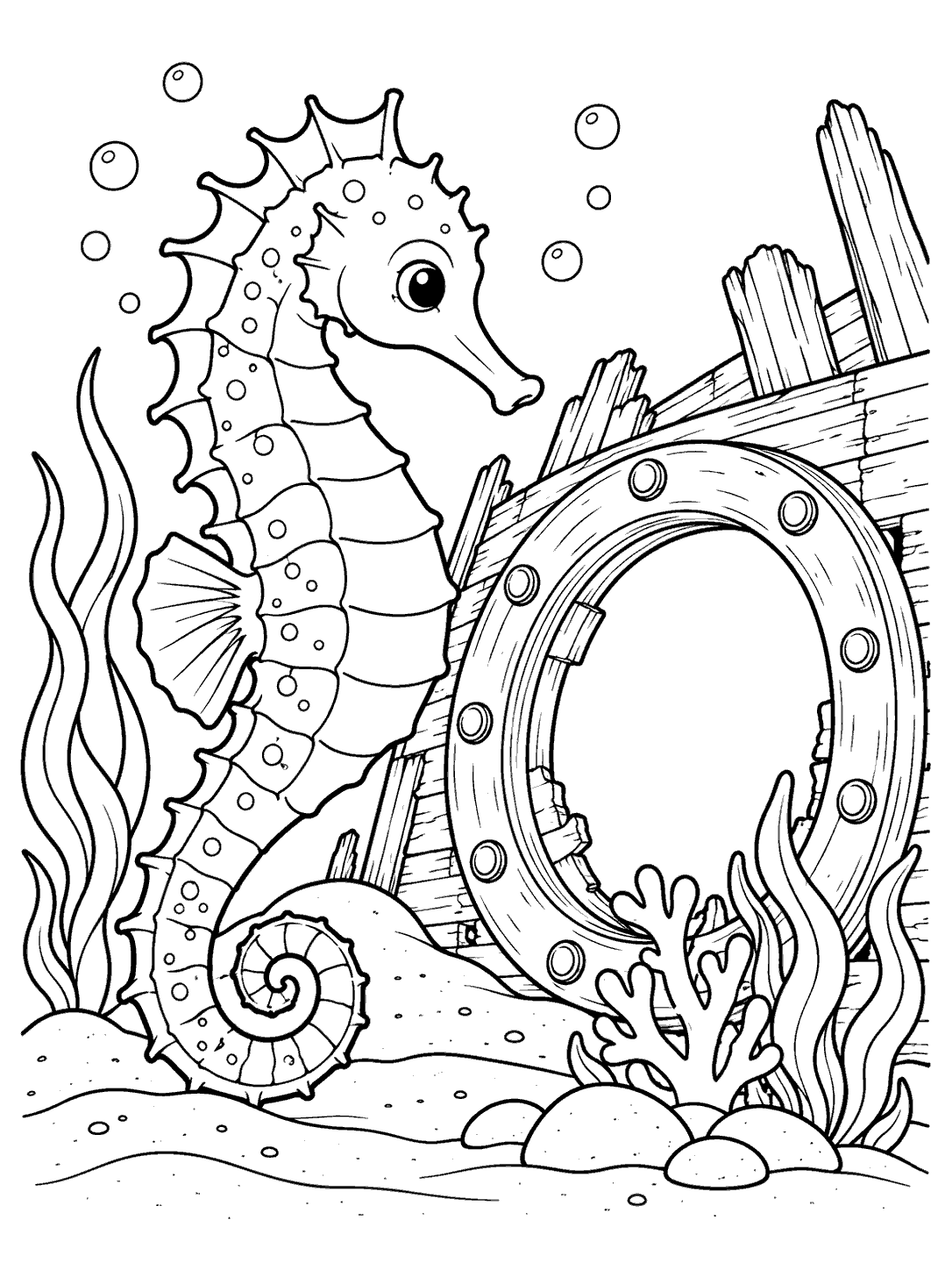 Portrait black-and-white seahorse coloring page beside a large circular shipwreck porthole, with sea plants, bubbles, sand, and rocks.