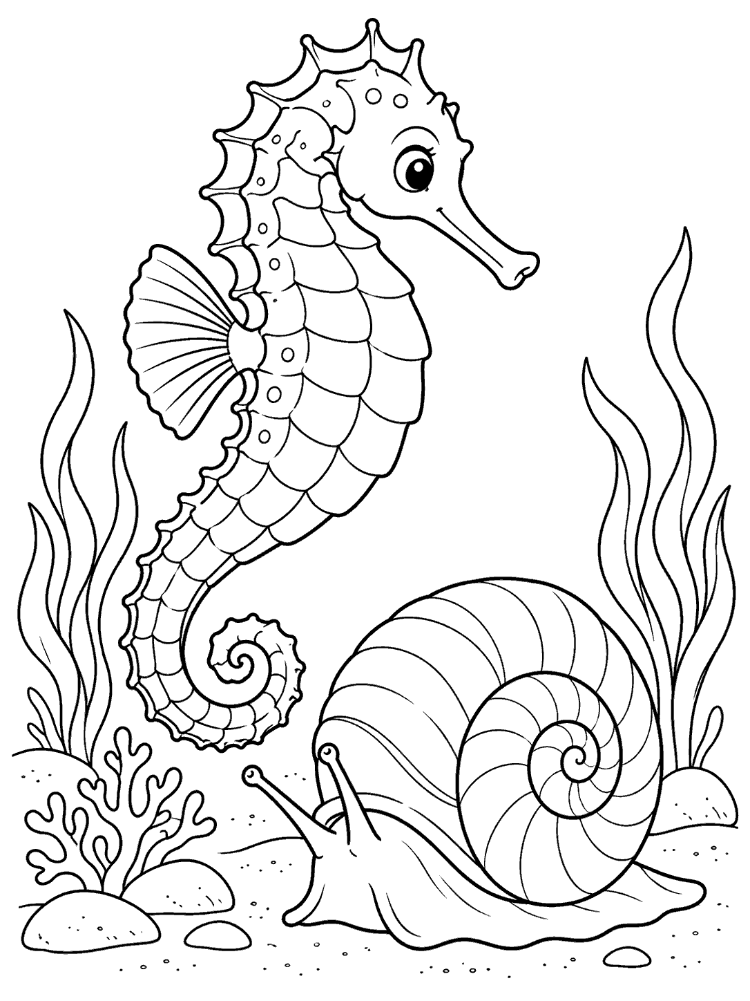 Black outline coloring page showing a seahorse above a large spiral-shelled sea snail, with seabed plants and rocks.