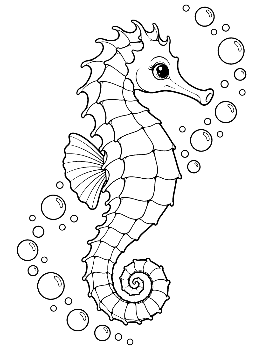 Seahorse rising through bubbles coloring page