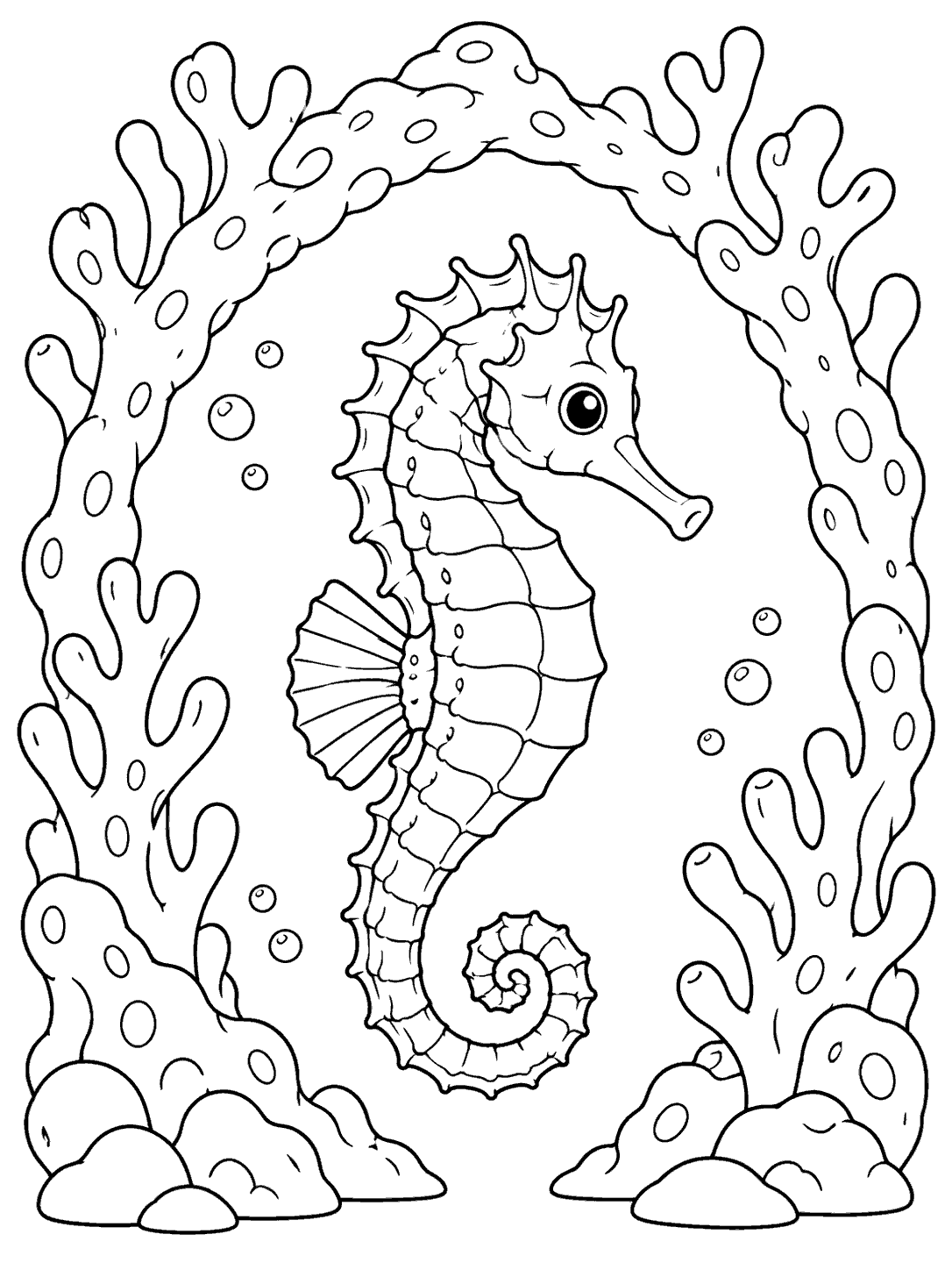 Black line-art seahorse swimming through a coral arch with bubbles, designed as a coloring page.