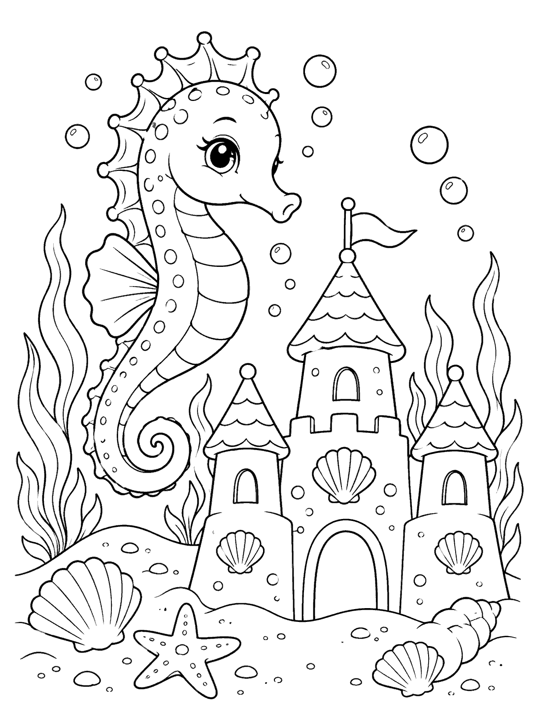 Whimsical seahorse beside a three-tower shell-decorated sandcastle coloring page