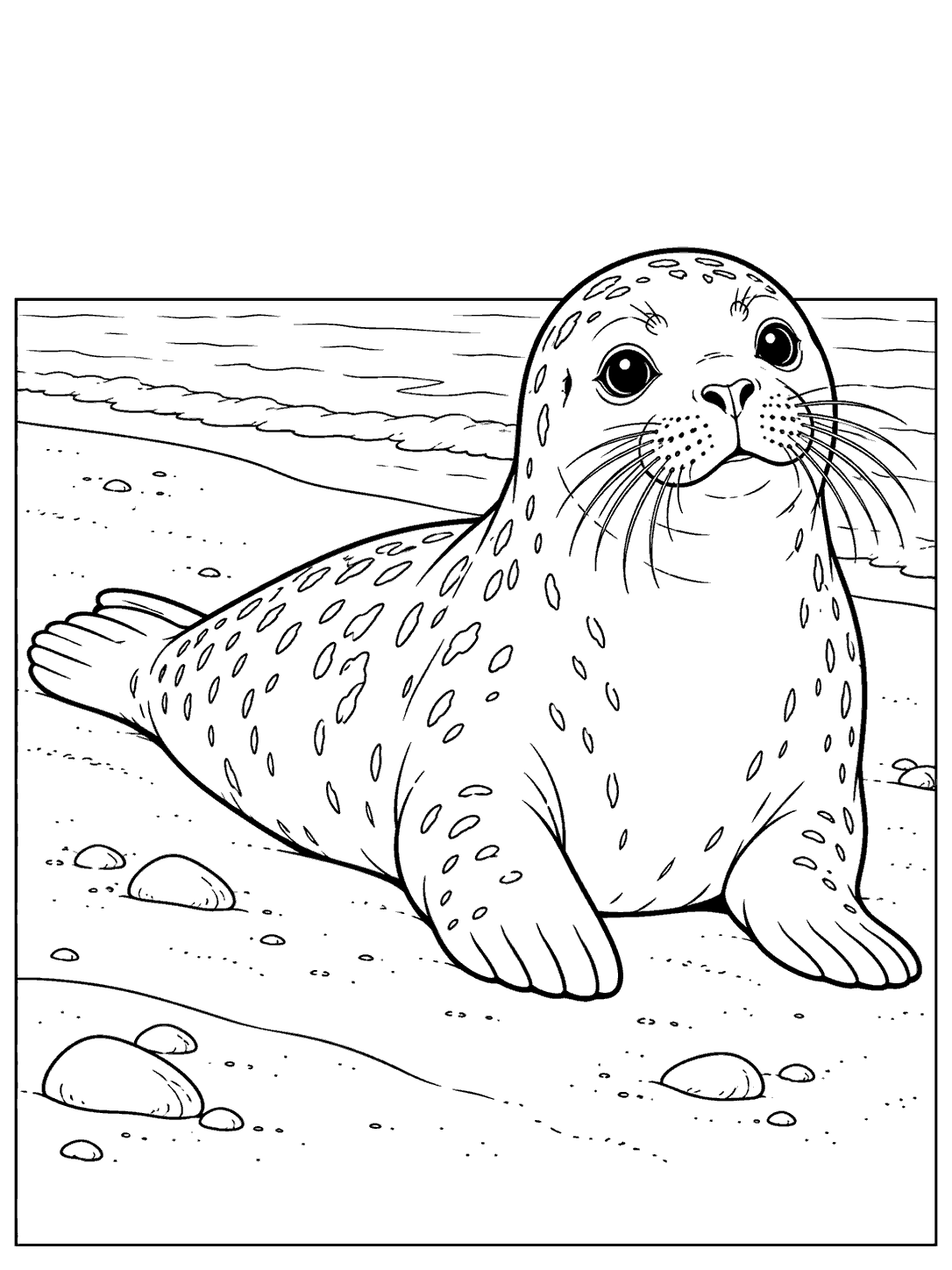 Young harbor seal with visible front flippers resting on a sandy shore coloring page