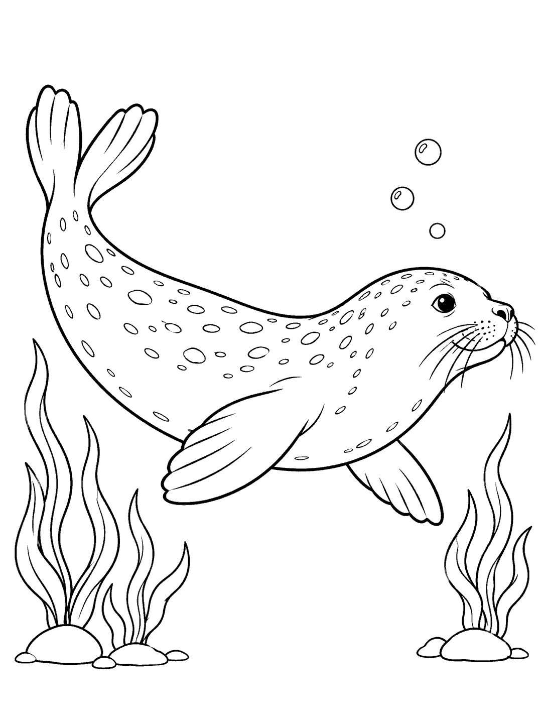 Black-and-white seal coloring page showing a spotted seal swimming above seaweed with three bubbles.