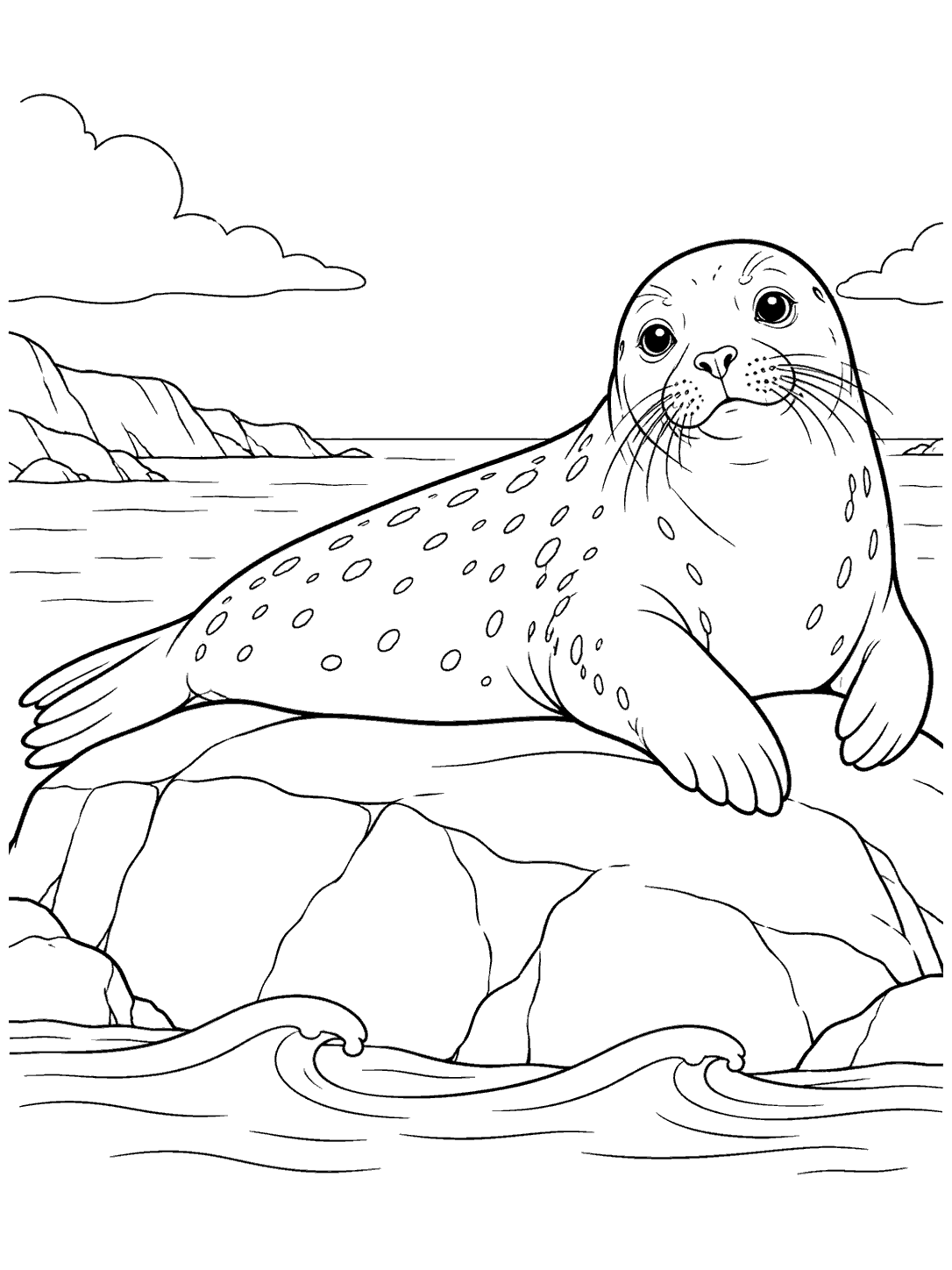 Seal lounging on a rocky ledge coloring page