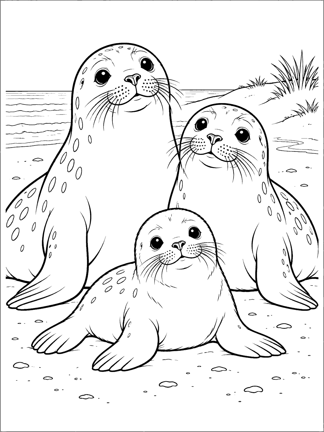 Black-and-white coloring page showing two adult seals and their pup on a beach with dune grass.
