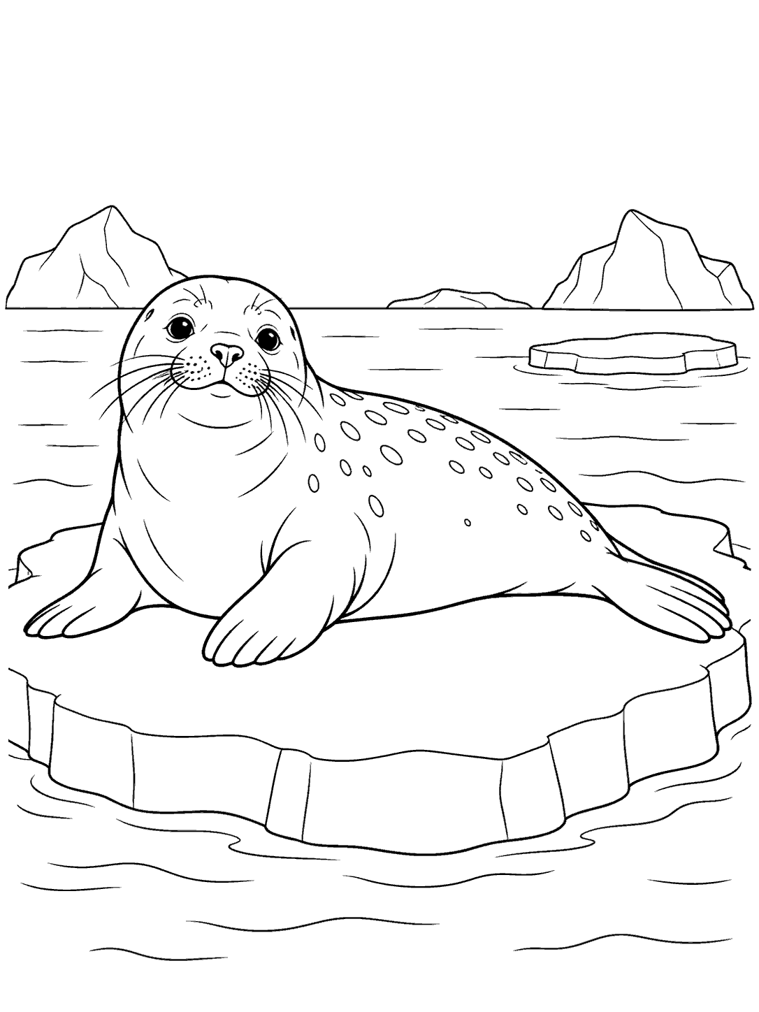A spotted seal lying on a broad ice floe in a black-and-white coloring page, with distant ice shapes behind it.