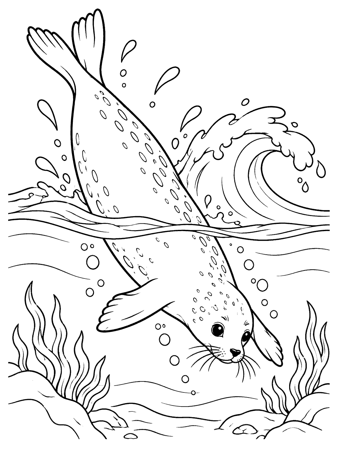 Seal diving headfirst beneath a curling wave, with droplets and underwater sea plants, in a coloring page.