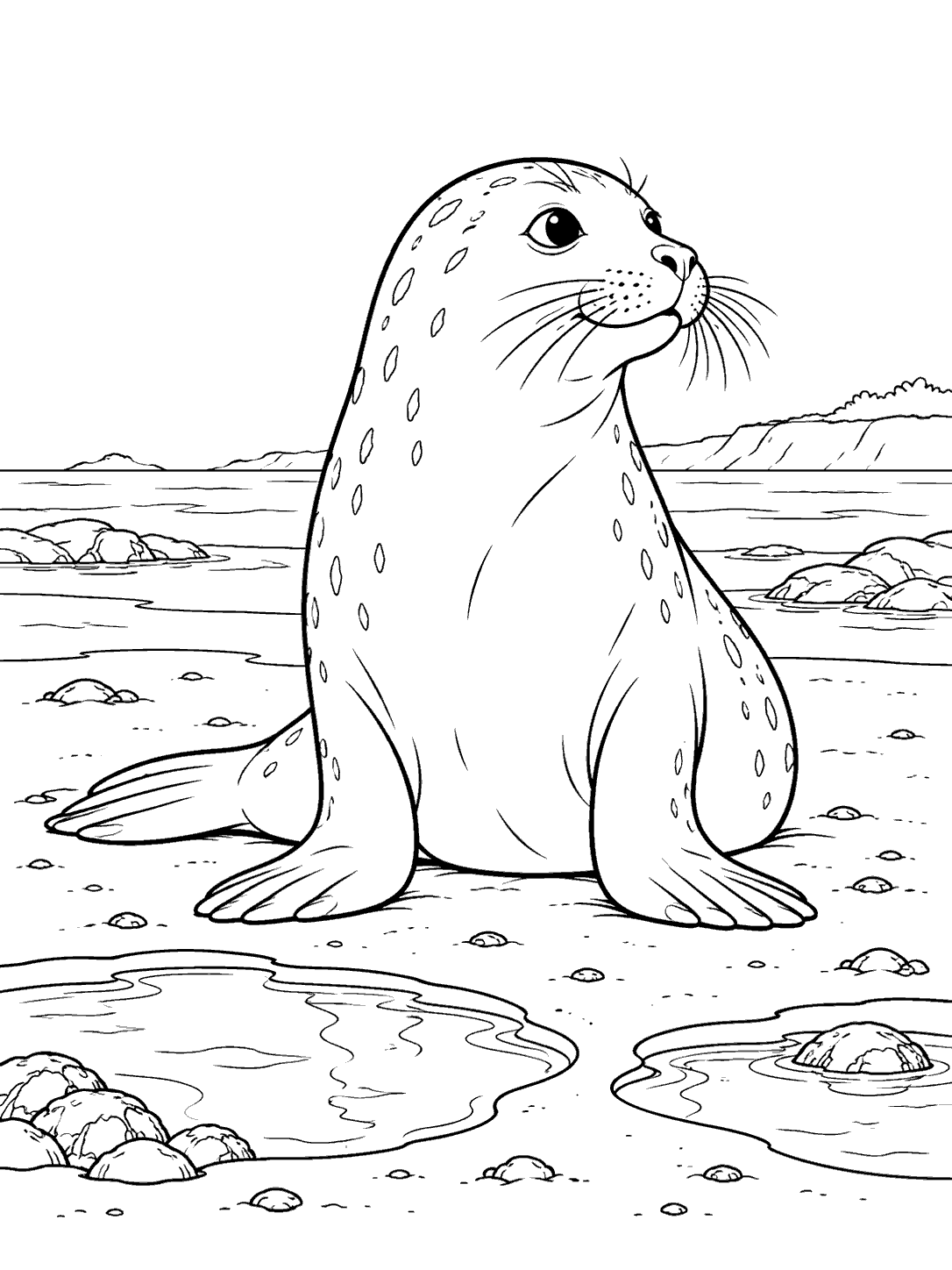 Seal sitting upright on a sandbar between shallow pools, coloring page