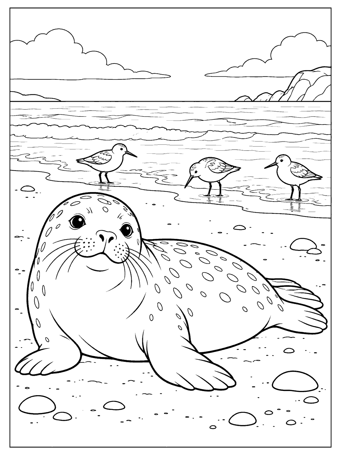 Large resting seal on a pebble-dotted beach with three shorebirds at the waterline coloring page
