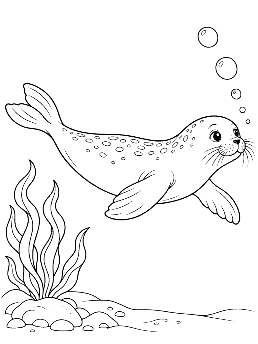 Seal swimming past seaweed and bubbles coloring page