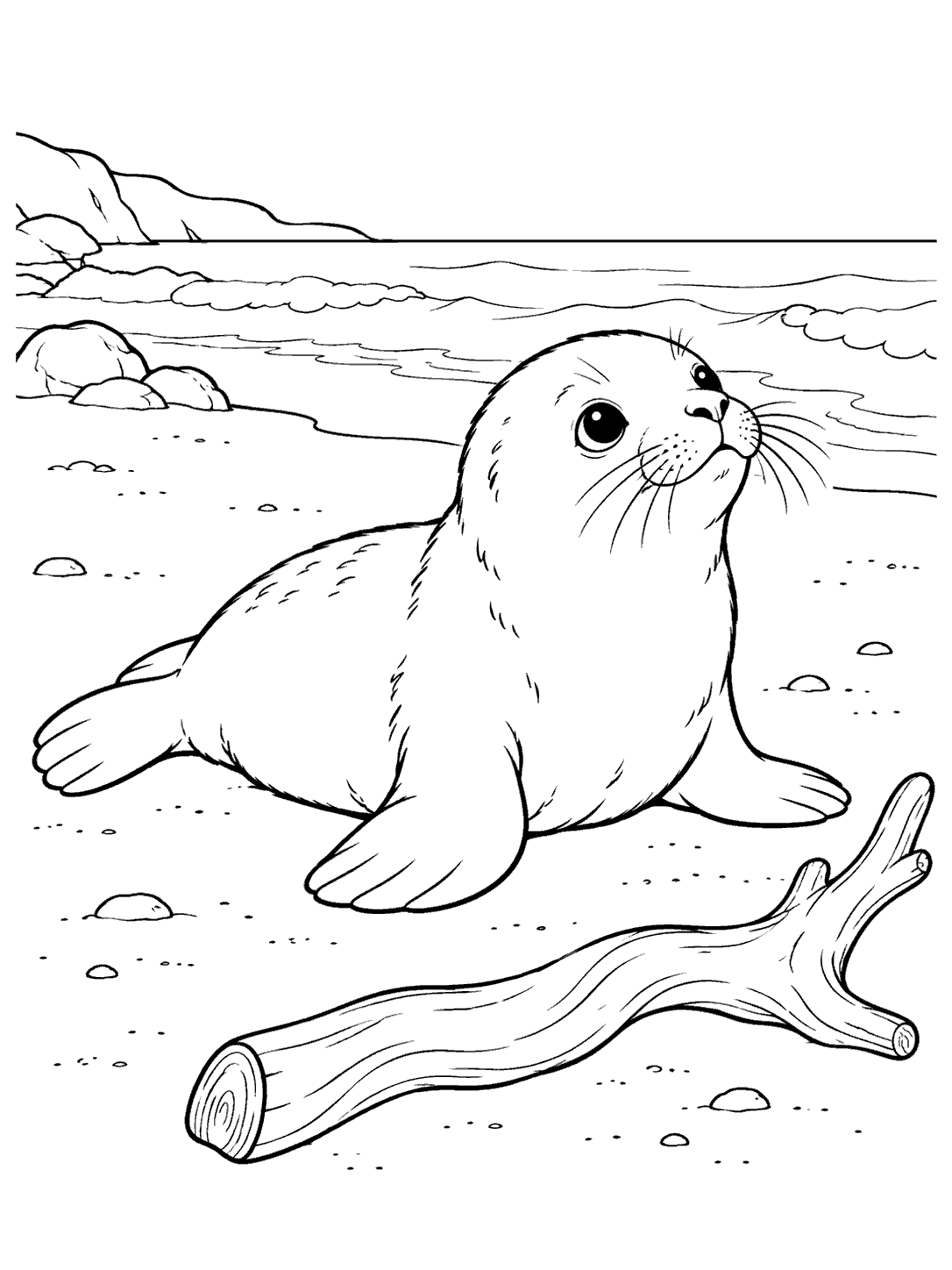 Seal pup resting on a beach beside a driftwood branch in a black-and-white coloring page.