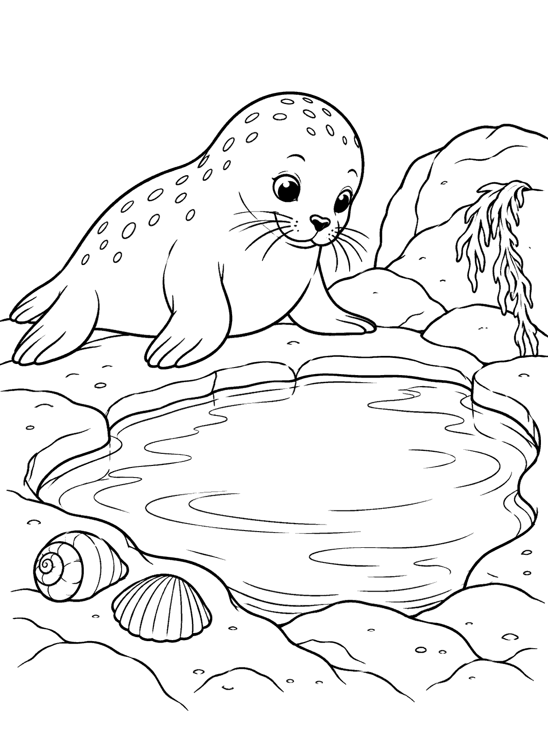 Black-and-white seal coloring page showing a spotted seal beside a tide pool, with two shells and rocks.