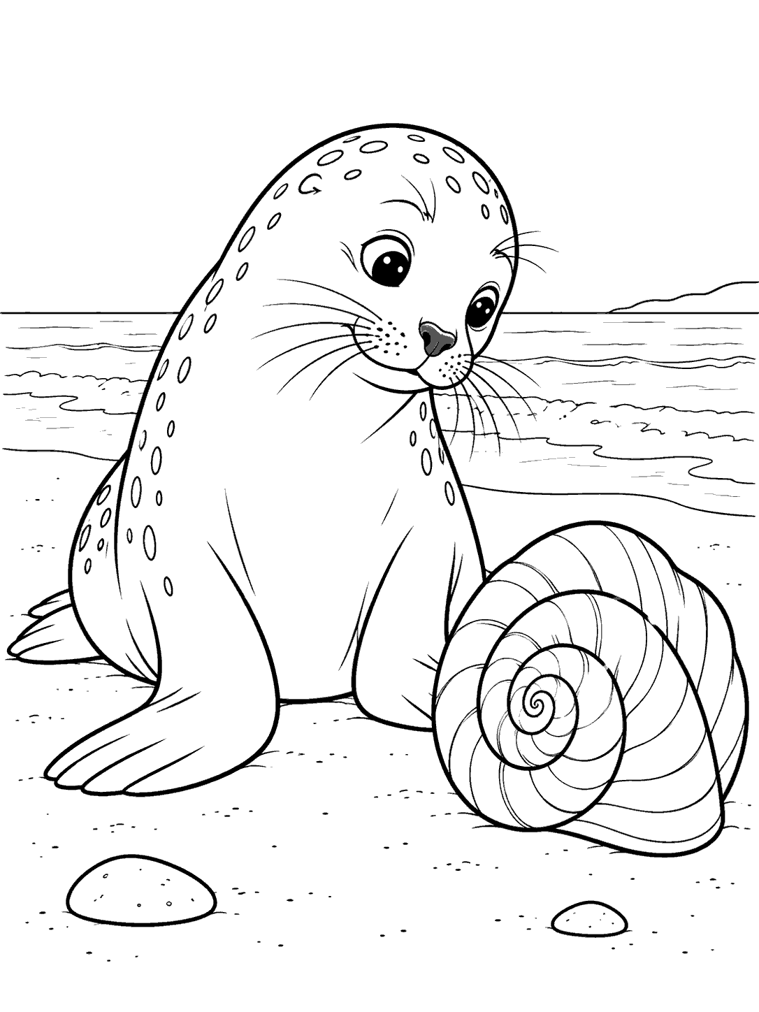 Seated seal leaning beside an oversized spiral seashell on a beach coloring page