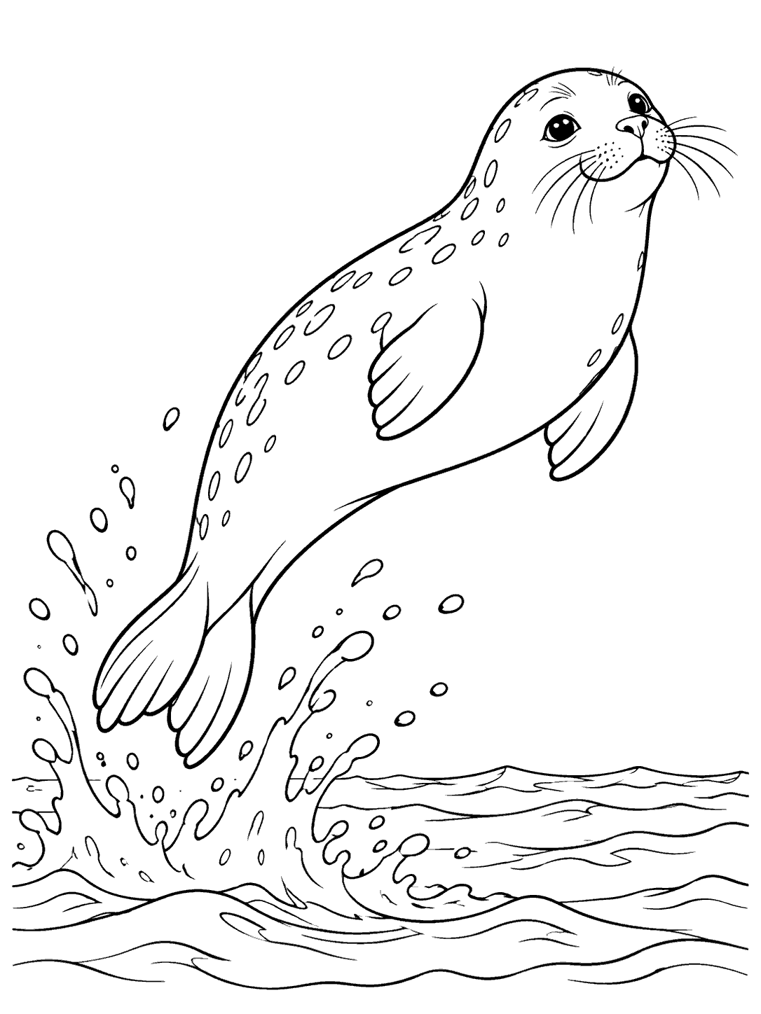 A spotted seal arcs through the air above a splash and waves in a black-and-white coloring page.