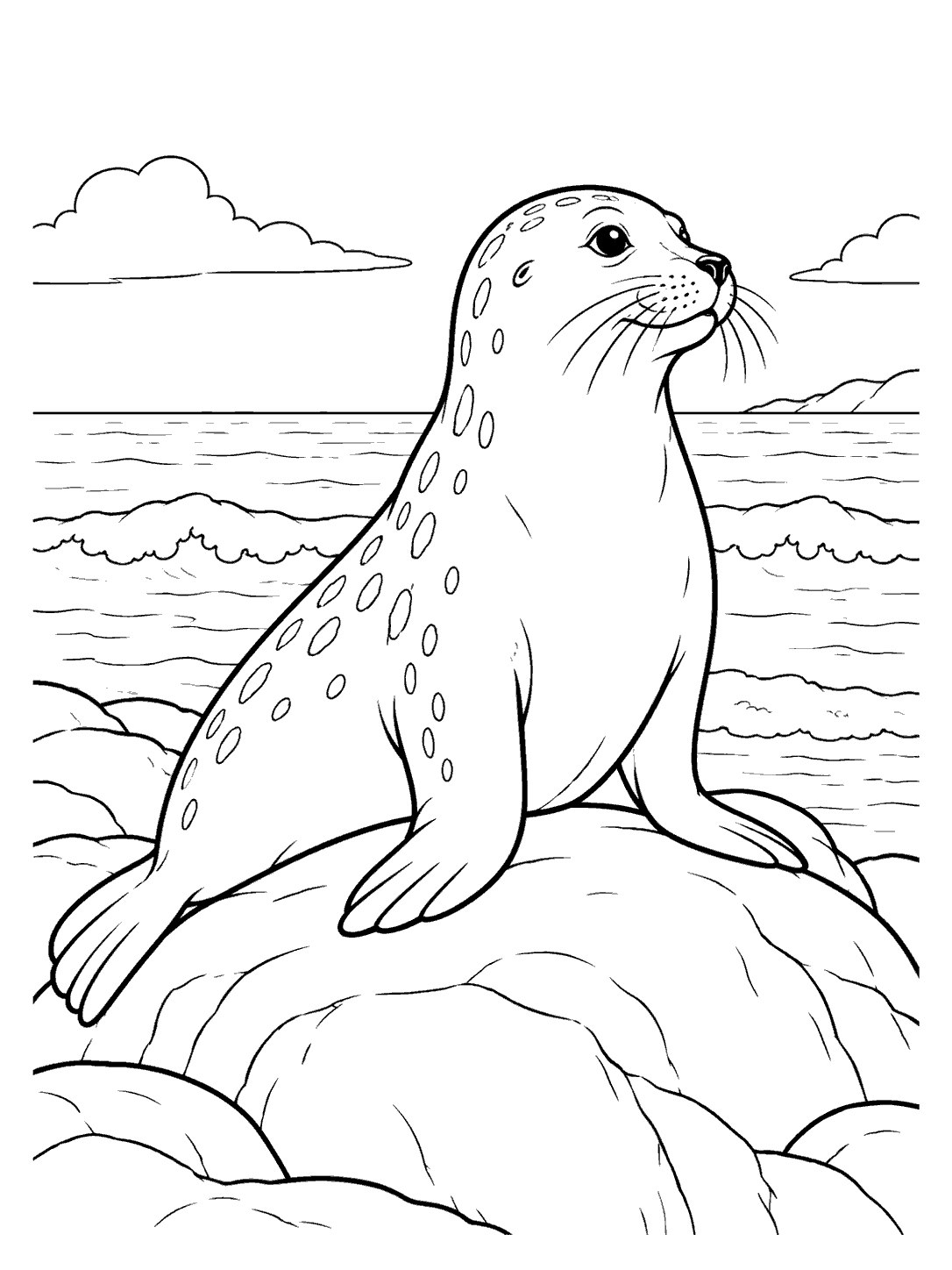 Upright seal sitting on a coastal boulder above the waves coloring page