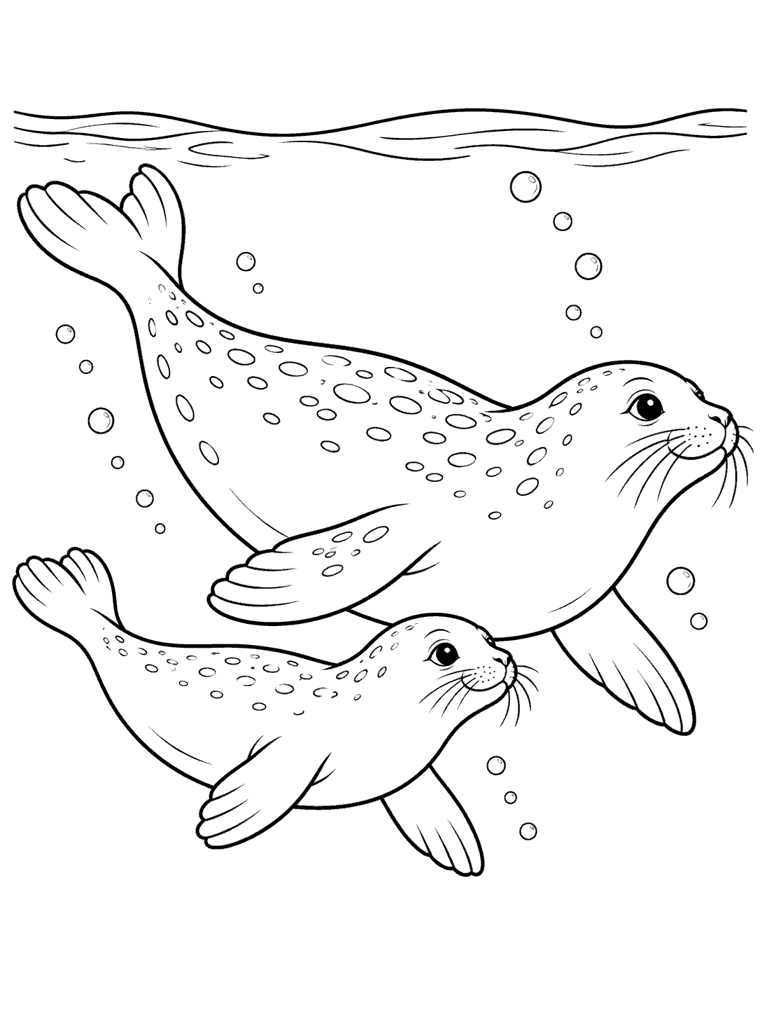 Seal pup swimming beside an adult seal with bubbles and a waterline in a black-and-white coloring page
