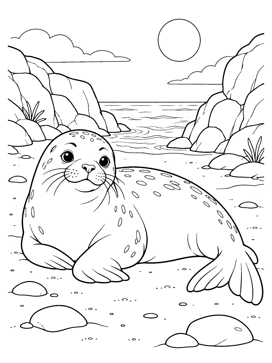 Black-and-white coloring page of a seal resting on a sandy beach in a rocky cove