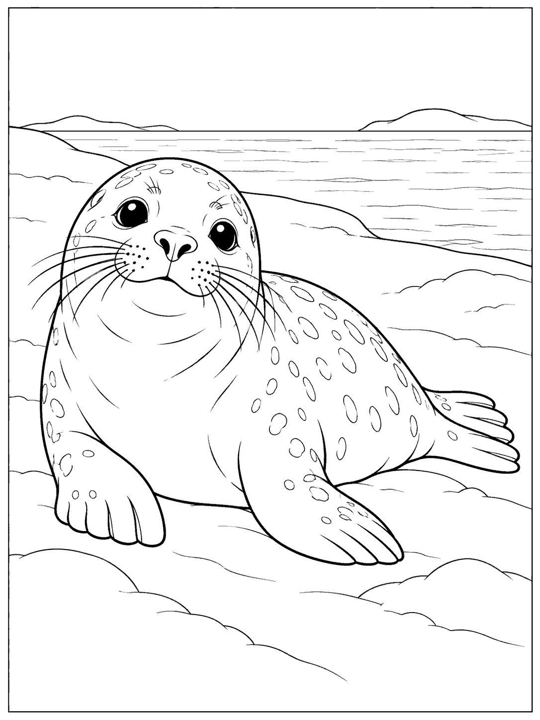 Black-and-white seal resting on a snowy shore with the sea in the distance, coloring page
