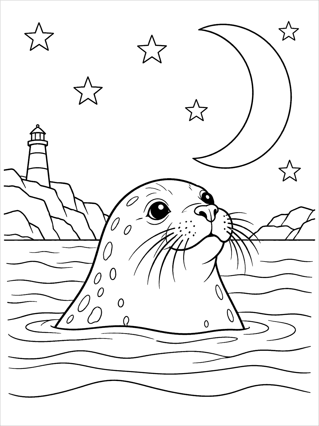 Seal surfacing beneath a crescent moon coloring page