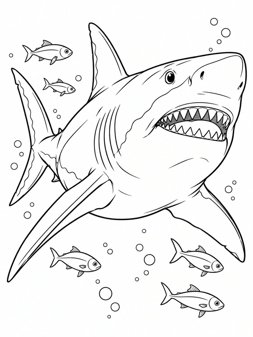 Great white shark swimming among small fish