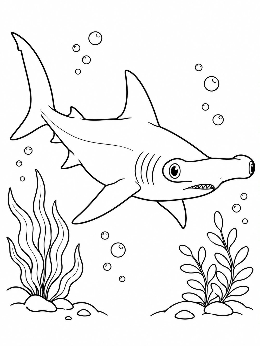 Side-view hammerhead shark swimming above two sea plants, surrounded by bubbles.